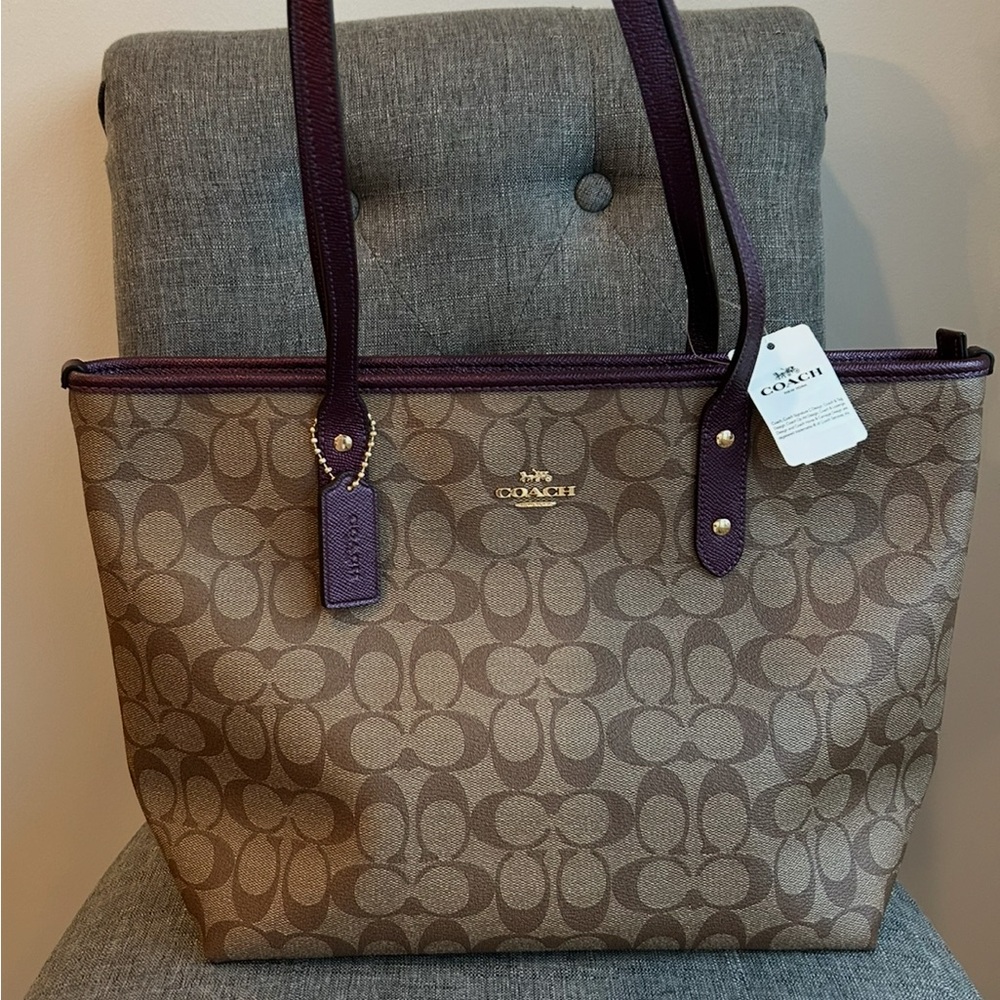 Coach Brown and Purple Monogram Tote with Leather Accents